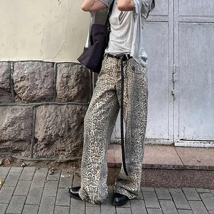 Imagem -05 - Calça Feminina Retrô de Rua Alta Solta Casual com Estampa de Leopardo Jeans Americano Versátil Jeans Reto de Perna Larga Calça Comprida Y2k-men e