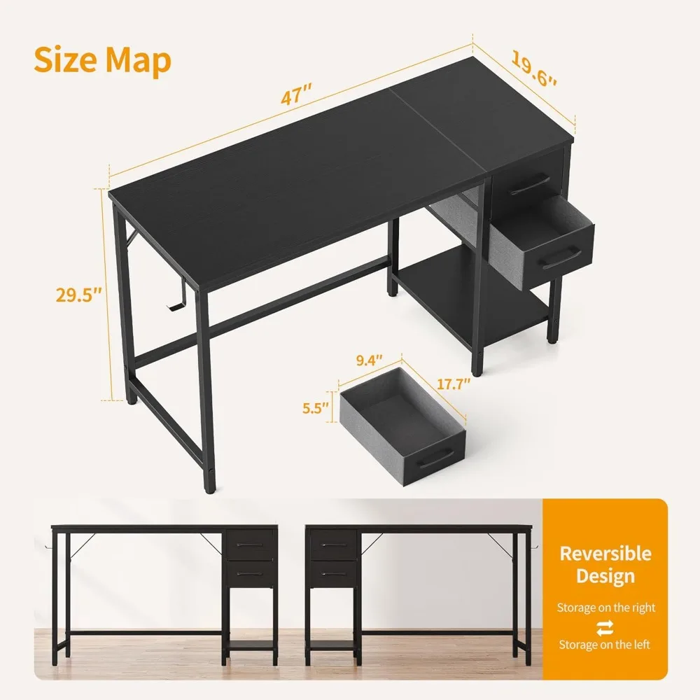 Compact 47 Home Office Desk with Two Drawers for Storage and Studying in Modern Black