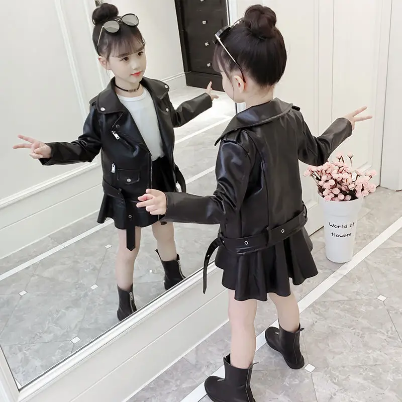 Top Fashion Girls Boy PU Jackets Coat Kids Baby Belt Leather Jacket Spring Autumn Coat Children Clothes Overcoats 4-14T