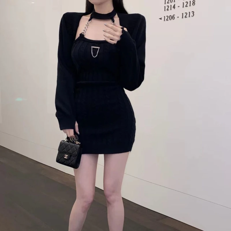 2 Piece Sets Women Knitted Cropped Cardigan Mini Halter Dress Autumn Winter Sexy Girls Soft Cozy Gentle Hotsweet Aesthetic Daily