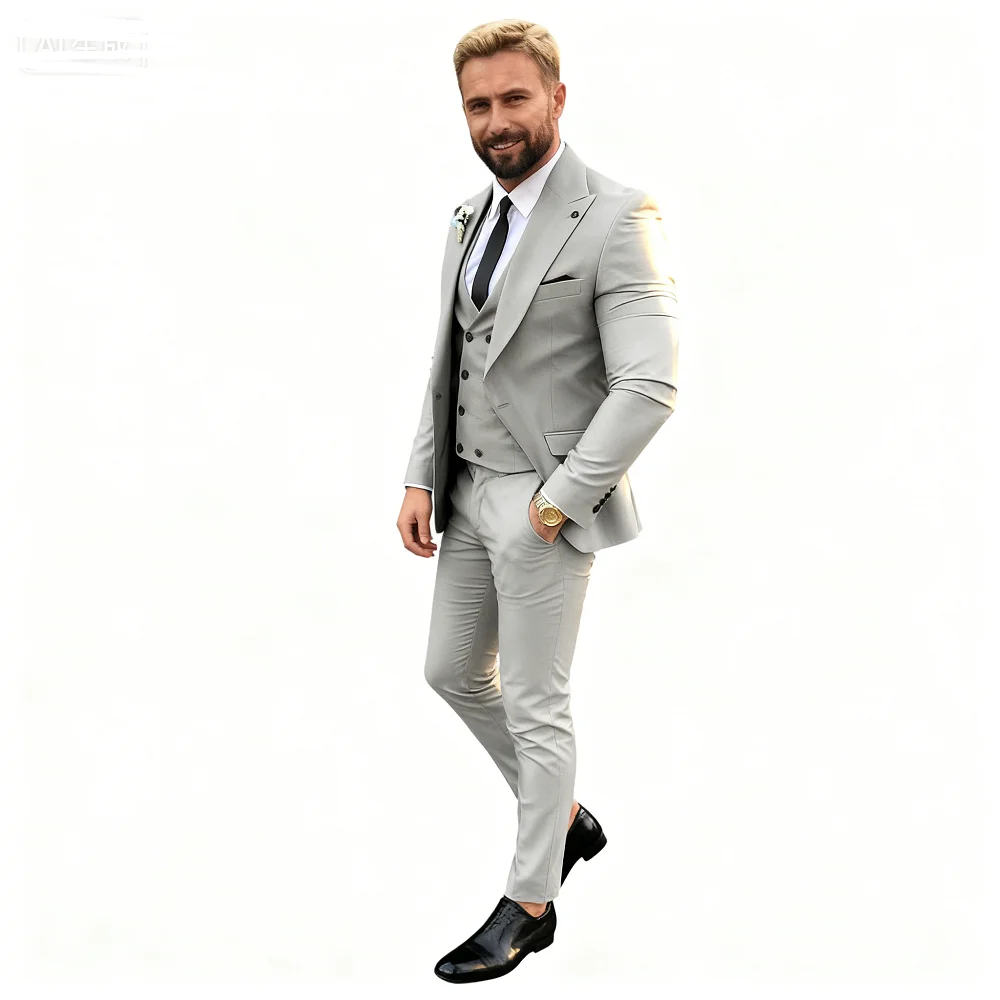 3PCS Men's Tuxedo Suits Set With Blazer Single Breasted Vest And Pant for Wedding And Business Casual Occasions