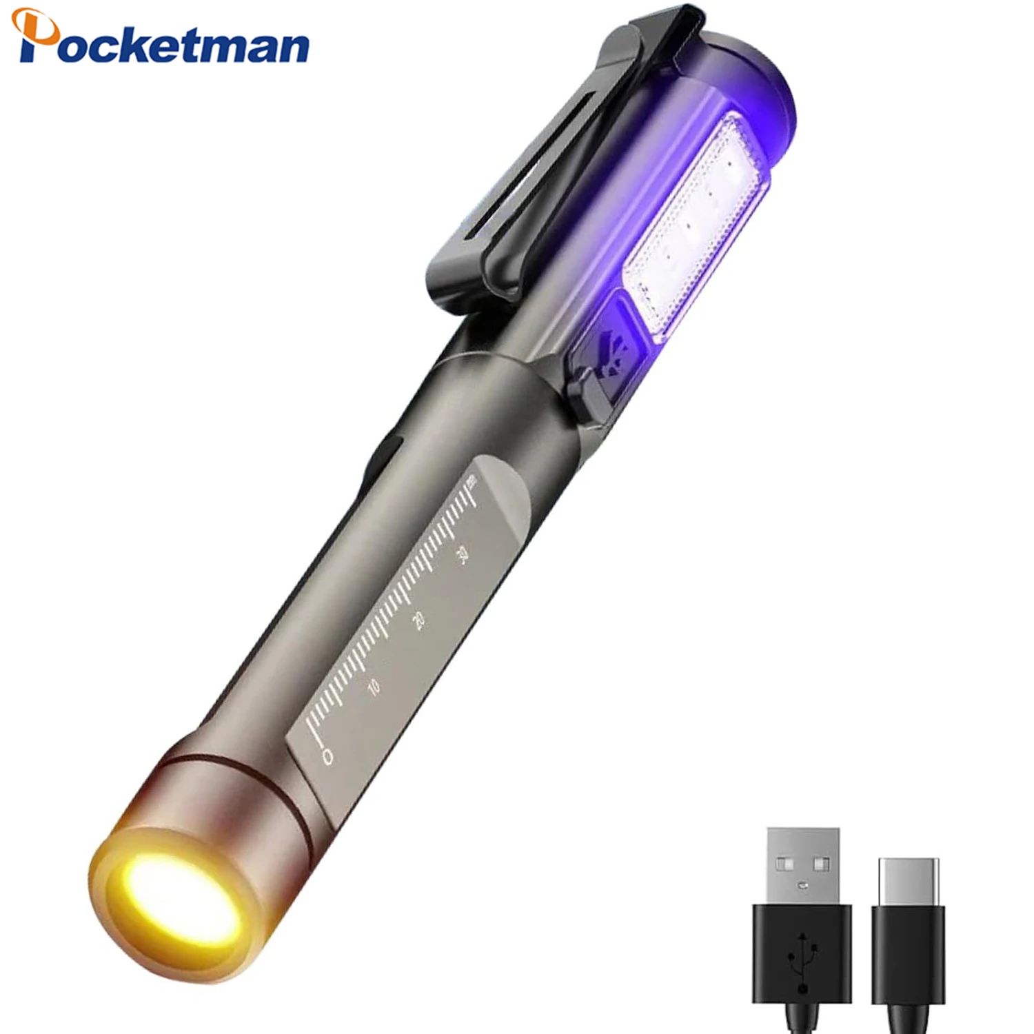 Rechargeable Pen Flashlight with Black Light and White Light LED Mini Pocket Flashlight with Clip 6 Modes with Memory Function