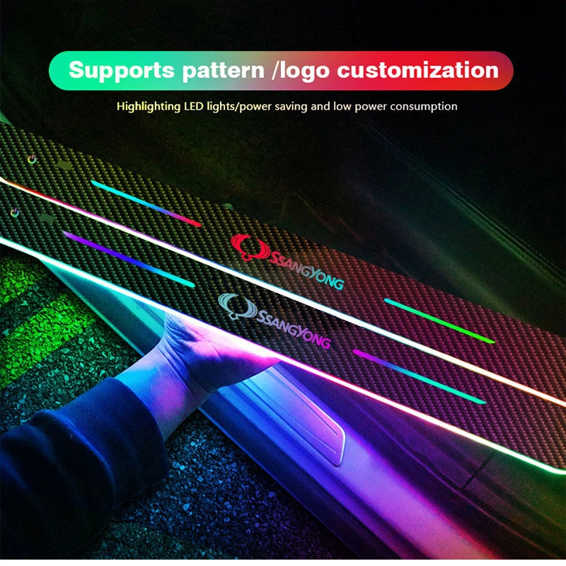 

Carbon Fiber Car Door Sill Light With Logo LED Illuminated Welcome Pedal Car Threshold Protective For Ssangyong Car