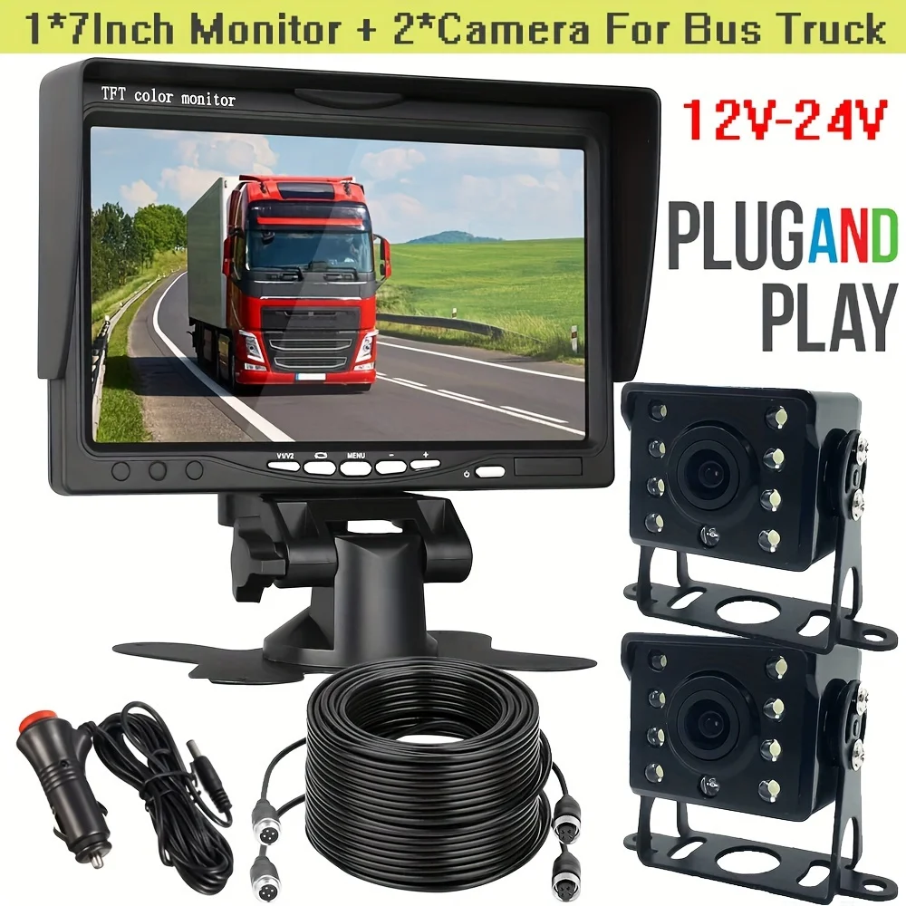 7inch Monitor 2x Backup Camera 12-24V 18LED IR  View Truck Camera HD Display Full Set Parking Reverse System For Pickup Van RV