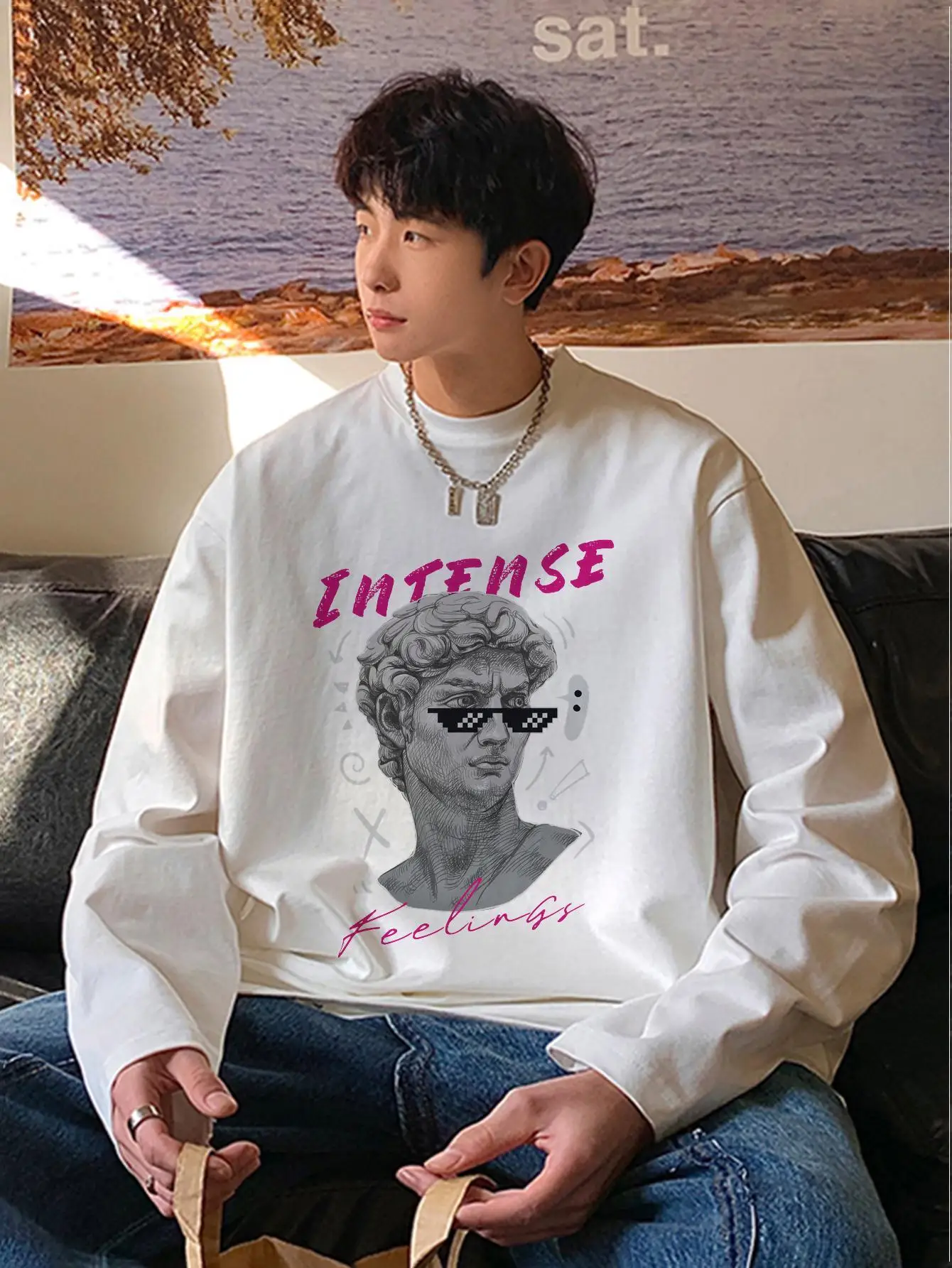 Hip Hop Men Funny Statue Graphic T-shirts Oversize Fashion Streetwear Tops Kpop Tshirt Long Sleeve Male Tees Y2k O-neck Clothing