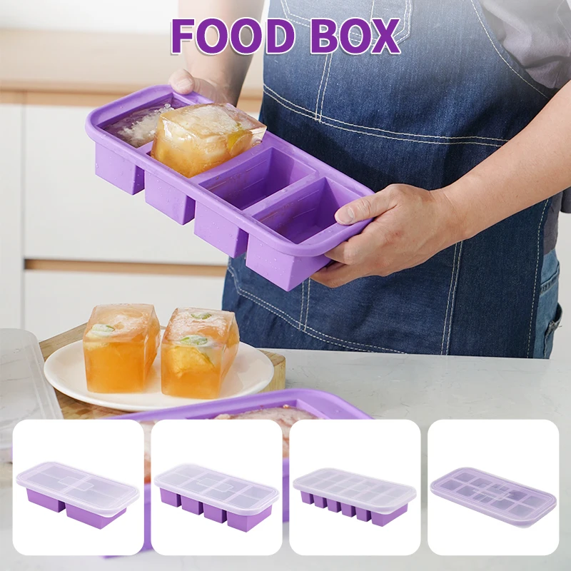 Silicone Freezing Mold Food Container with Lid Ice Cube Mold Storage Box Divided Ice Box for Soups Drinks Herbs Juices