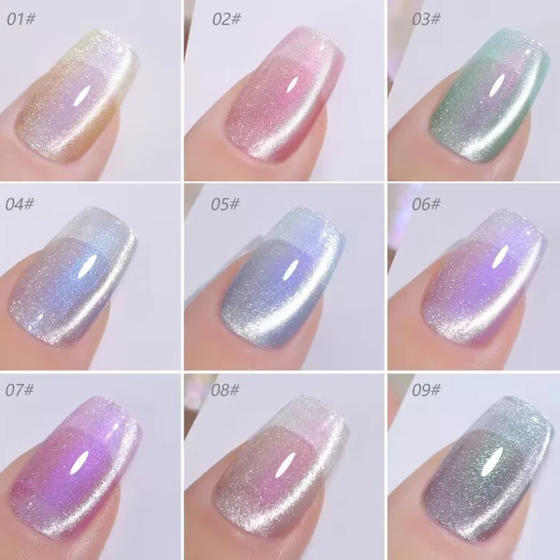 MIANEL 12ML 1-9pcs 오로라 고양이 눈 젤 매니큐어 유리 구슬 고양이 매니큐어 핑크 손톱 골드 손톱 여름 손톱