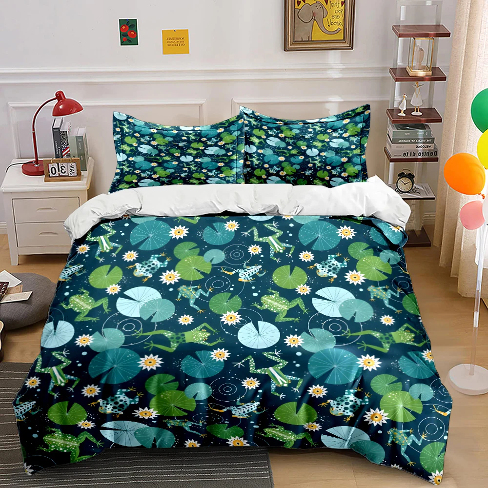 3pcs Frogs and Lily Pads Pattern Duvet Cover Set Digital Print Colorful Polyester Bedding with Zipper Closur for kids gifts