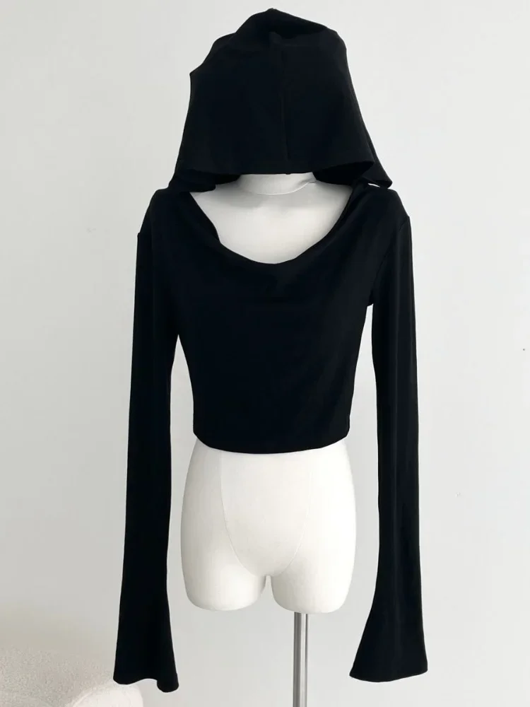 Tシャツ女性春フード付きゴシックベーシック固体ストリートクロップドホットスウィート服ファッション長袖シンプルな韓国語バージョン