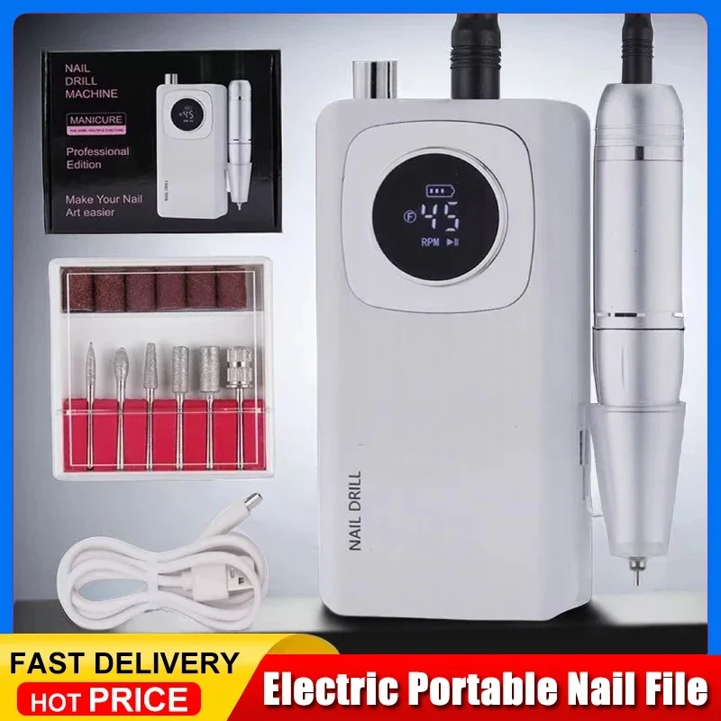 

Высокоскоростная перезаряжаемая дрель для ногтей 45000 об/мин с ЖК-дисплеем, малошумная профессиональная шлифовальная машинка для лака для ногтей, набор аксессуаров для ногтей