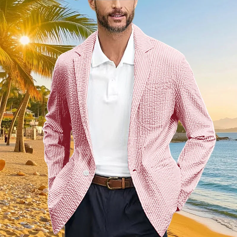 

Spring Summer Men's Suit Coat Seersucker Breathable Lightweight Single Breasted Man Jacket Slim Fit Casual Beach Party Blazer
