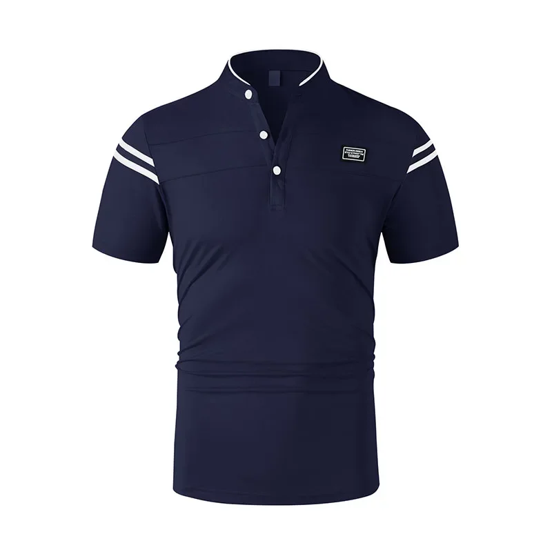 

Мужская повседневная модная однотонная рубашка-поло 2025 с короткими рукавами и воротником-стойкой, универсальный удобный топ для различных случаев