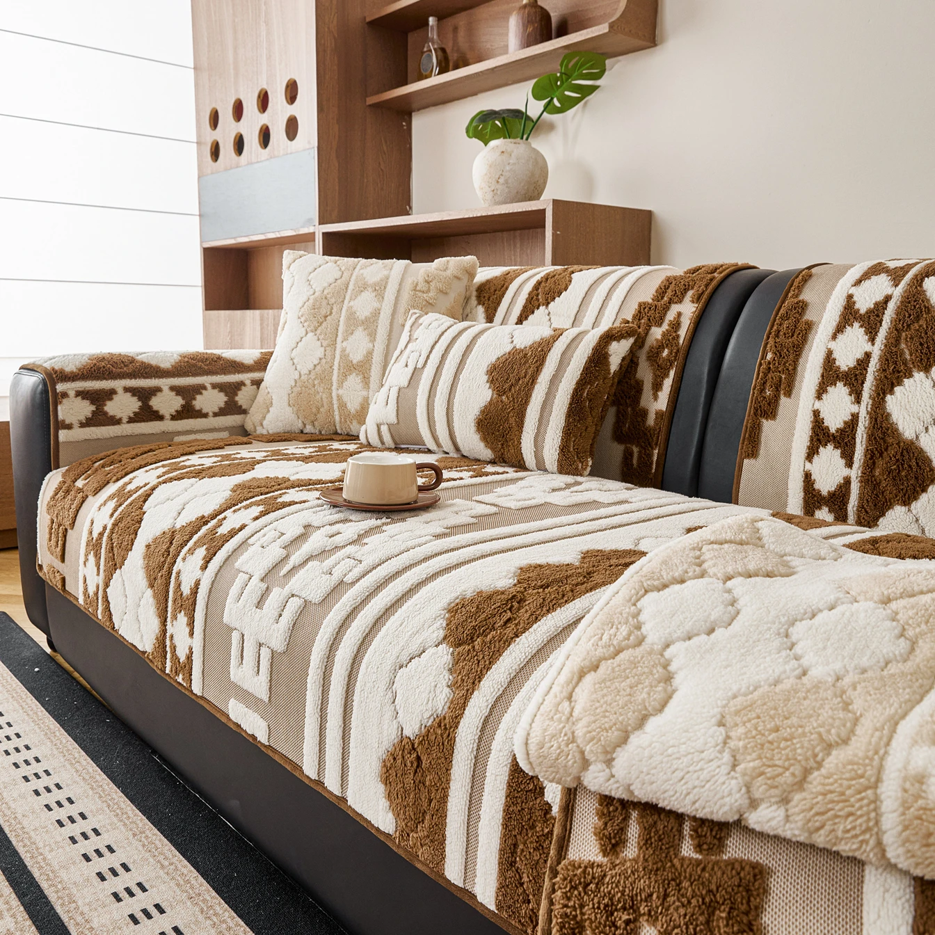 1PC Geometric Puzzle Thick Plush Sofa Cover Non-Slip Winter Couch Mat Pad Living Room Furniture Decoration Slipcovers Easy Care