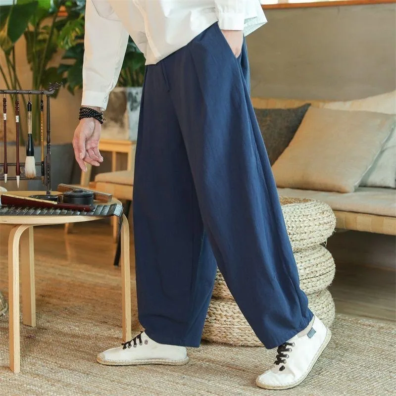 

Loose Cotton Linen Wide Leg Pants Summer Men's Big Size Comfortable Harlan Casual Long Trousers Lantern Pants Loose Fit