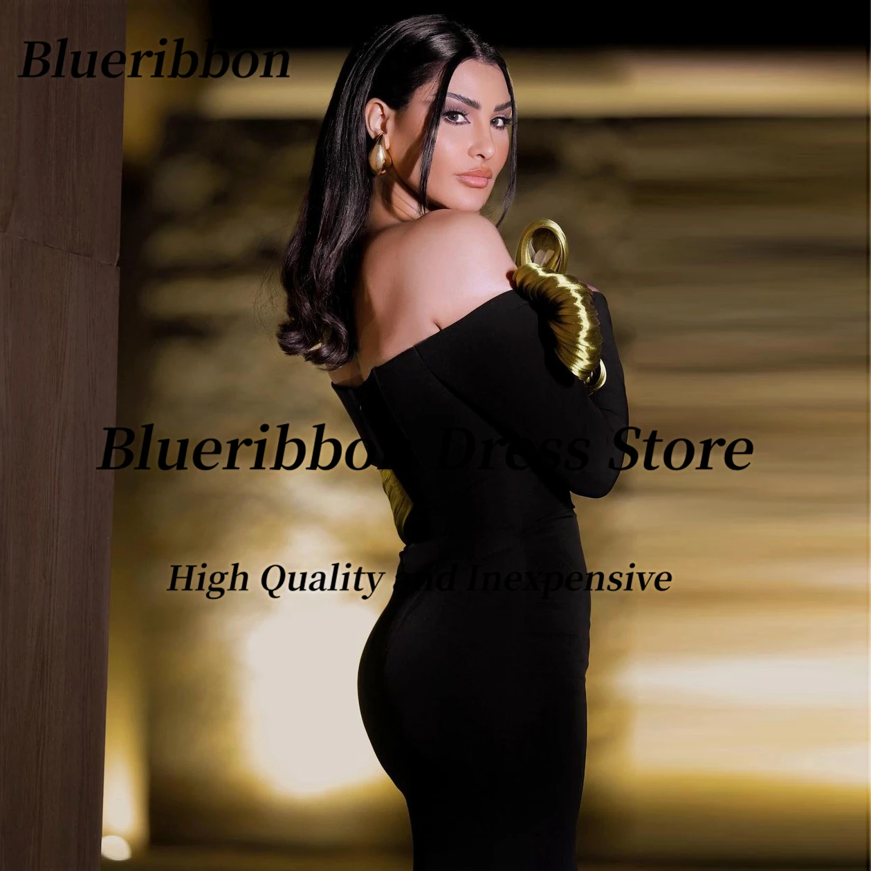 Blueribbon Black Mermaid Dresses for Prom Saudi Flower Long Sleeves Evening Party Formal Gowns Zipper Back Vestidos De Fiesta