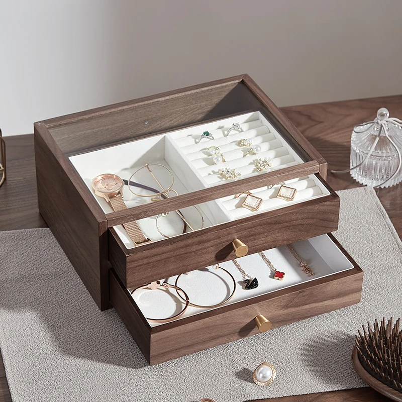 

High-End Jewelry Box Multi-Layer Solid Wood Necklace Earrings Ear Studs Accessories Wooden Jewelry Storage Box