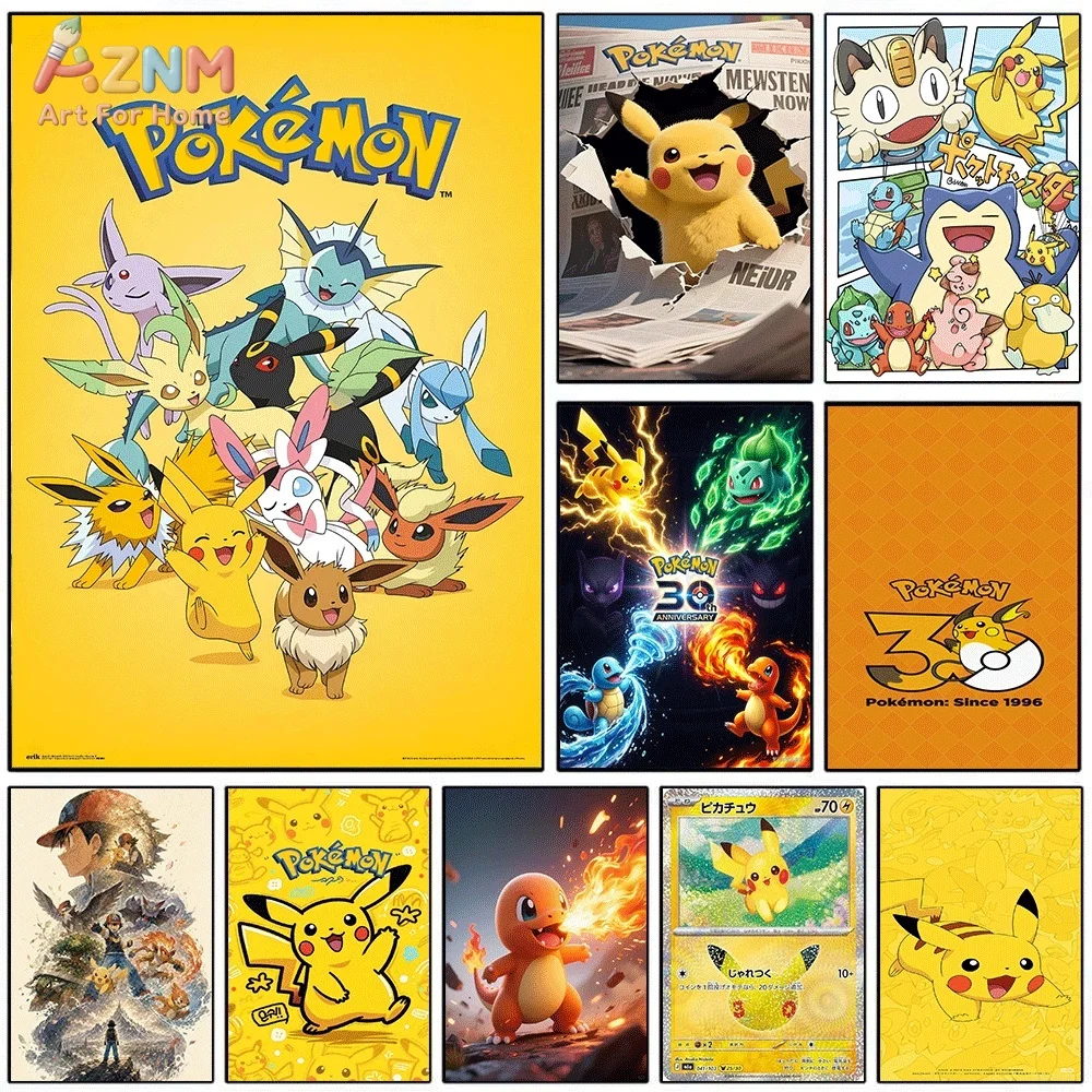 AZNM - Lienzo decorativo de pared con diseño de Pokémon, Eeveelutions, Pikachu, Snorlax, Charmander, Bulbasaur, Squirtle, póster impreso de anime para dormitorio y sala de estar