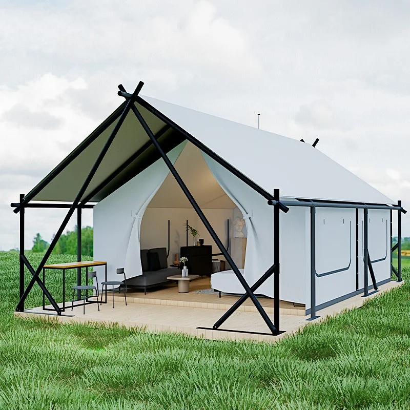 

Outdoor Four-season Hotel Tent Oxford Fabric Canopy Steel Frame Structure Two Bedrooms Living Room 5x9m Extended Camping Tent