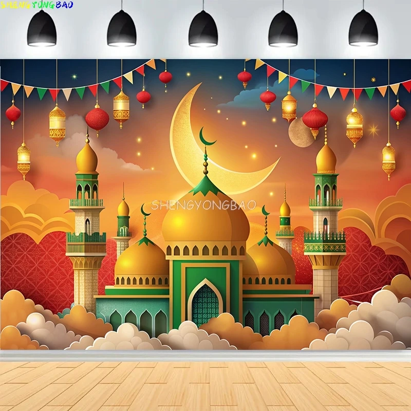 

Ramadan Shiny Golden Crescent Moon Lanterns Background Eid Mubarak Arabic Islamic Mosque Palace Photography Backdrops MO-05