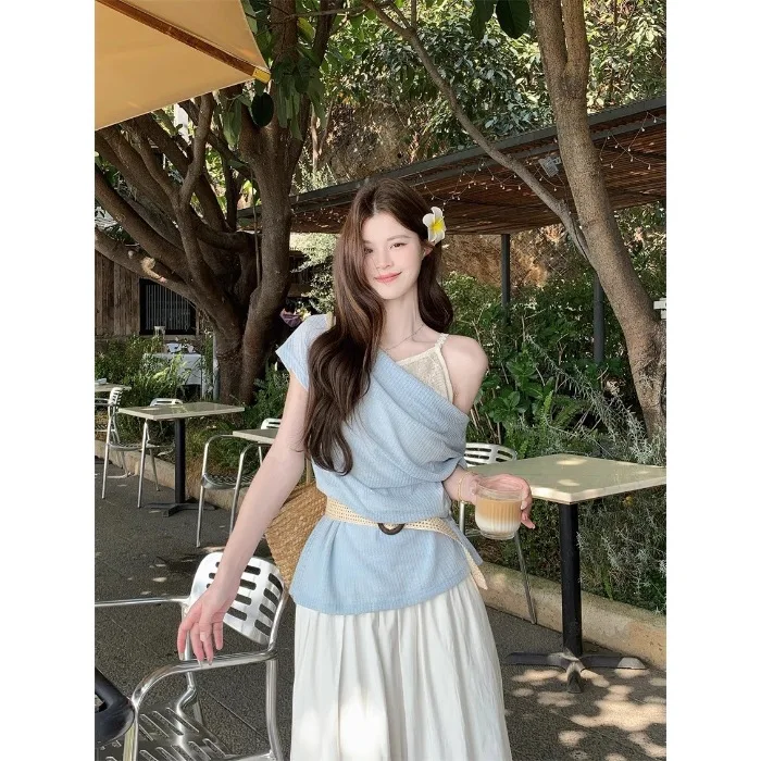 Bohemian Design Knitted T-Shirt Women's Summer Gentle Wind Shoulder Baring Short Sleeve Open Neck Top Polyester Fabric Basic ...