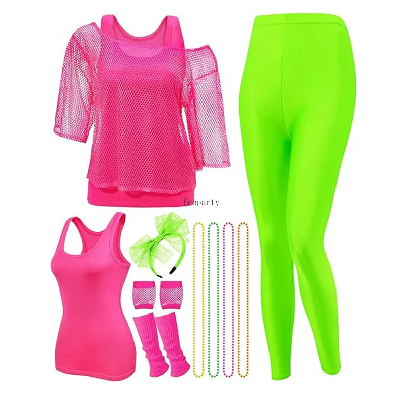 12pcs set 80s Fancy Dress for Women mesh T-Shirt Adult yoga legging Lace Headband Neon Fishnet Gloves Bracelet workout pant suit