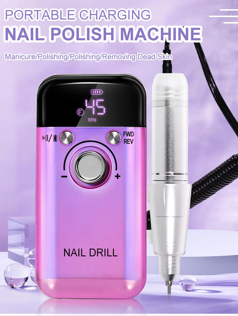 Professionelle 45000 U/min elektrische tragbare Nagelbohrmaschine wiederaufladbare geräuscharme Nagelschleiferfeile für Maniküre-Salon-Werkzeug – Detail 1