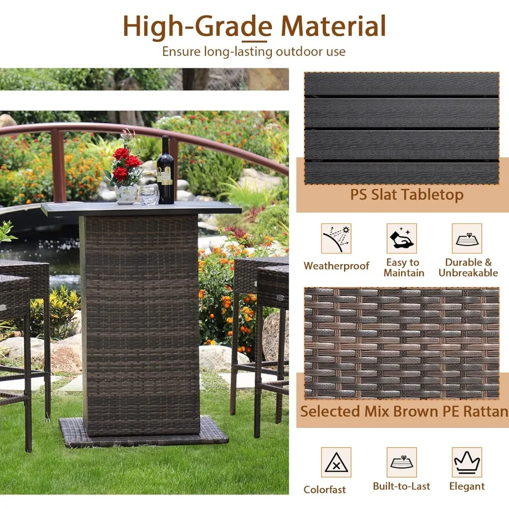 5-Piece Outdoor Bar Set, Wicker Rattan Bar Height Patio Set w/4 Cushion Bar Stools & Table with Hidden Storage, 5PCS Outdoor Hi