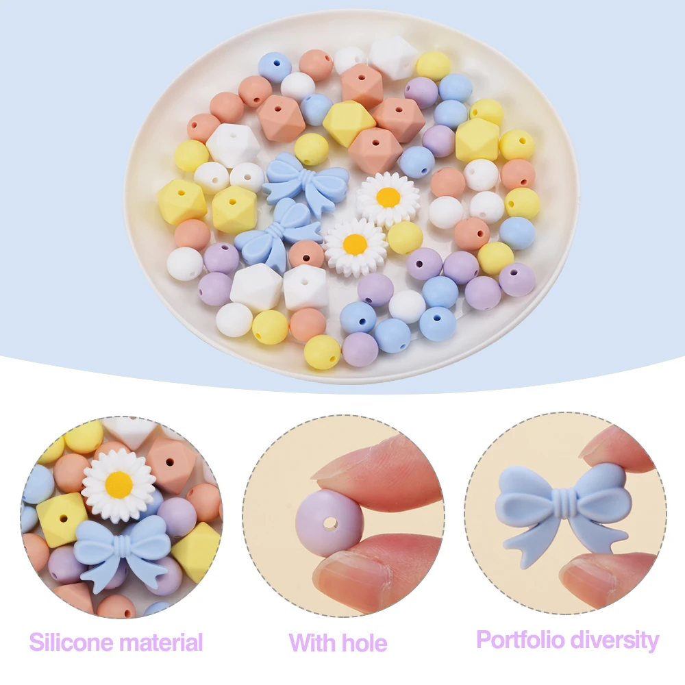 

LOFCA 66Pcs Silicone Loose Beads DIY Baby Teething Beads Bow Tie Beads Pacifier Chain Necklace Bracelet ToysJewelry Accessories