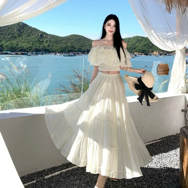 

Travel Vacation One-Shoulder Frayed Design Top Set Super Fairy Tale Skirt Ultra Chic Summer Spring Autumn Women's Dress