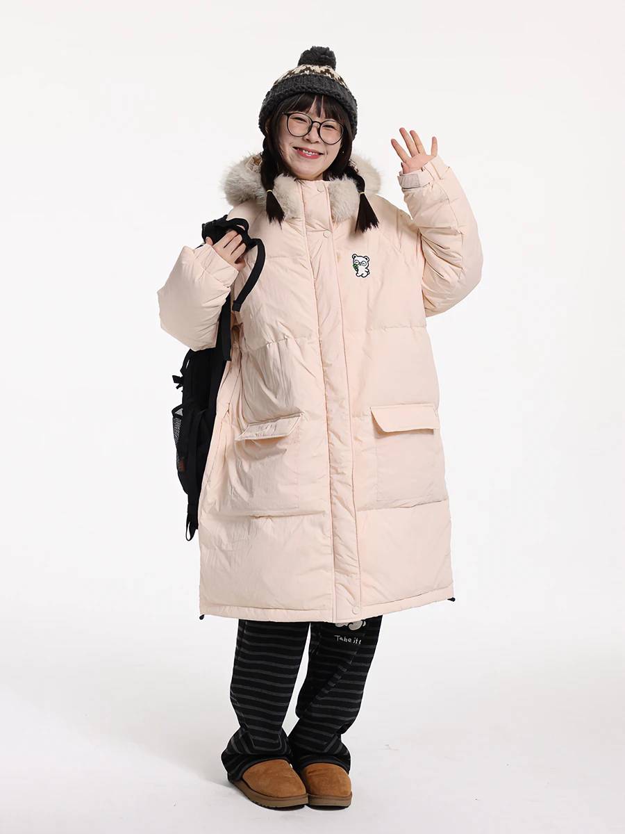 

Куртка с отстегивающимся меховым воротником, 90% белый пух, длинное мягкое хлопковое стеганое одеяло, двухцветная, повседневная, свободного кроя, теплая, на молнии