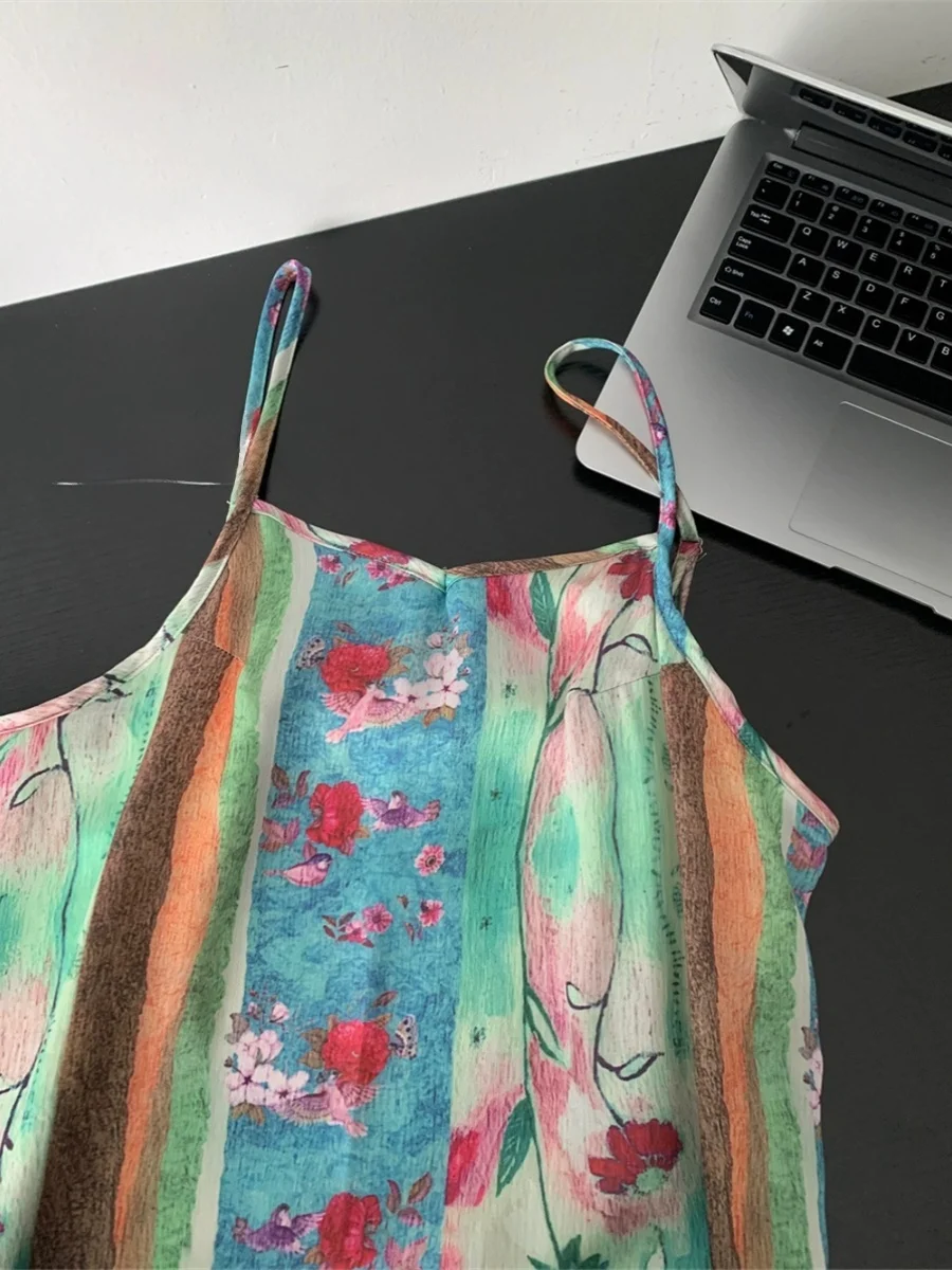 الصيف ماتيس سلسلة مطبوعة تنورة طويلة الدكتور الشيفون حمالة ثوب عالية الخصر ألف خط V-Ne No-Sve ثوب طباعة الأزهار