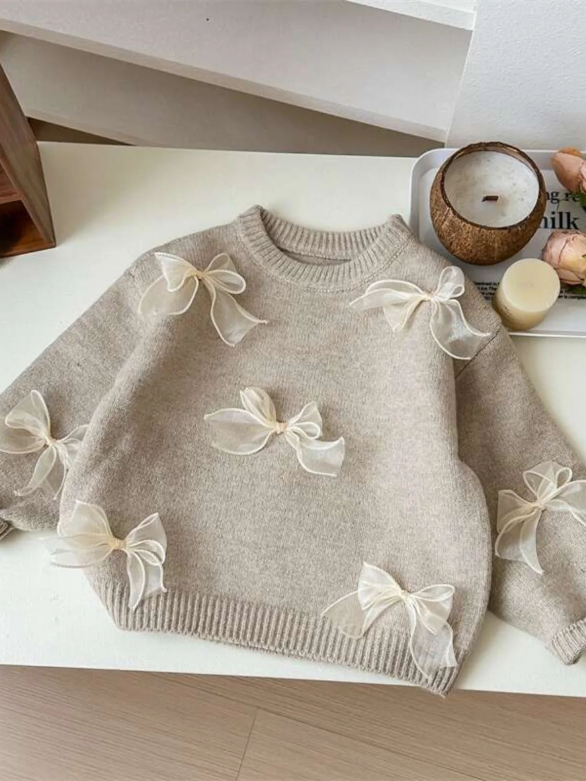 

Korean Sle Girls Knitted Sweater with Knot Long Sve round Ne Top for Baby Girls Faionable Autumn New Arrival