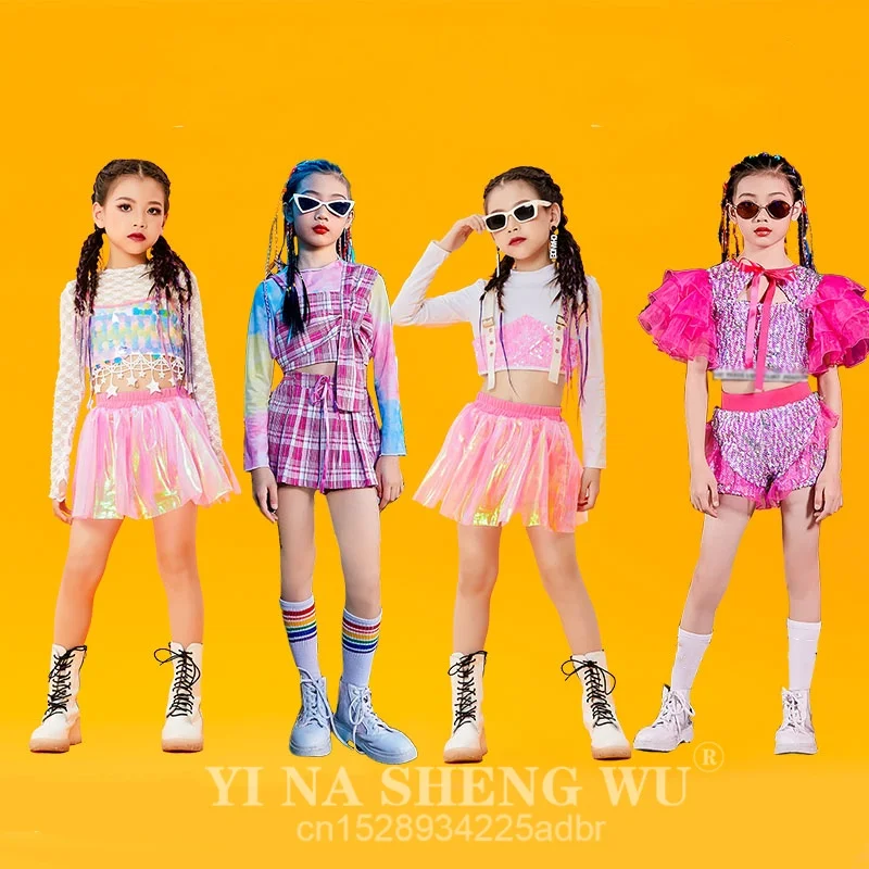 夏のダンス衣装子供女の子用 2 個クロップトップ & ショーツスパンコールヒップホップ衣装子供女の子服 5-14 歳ジャズダンス