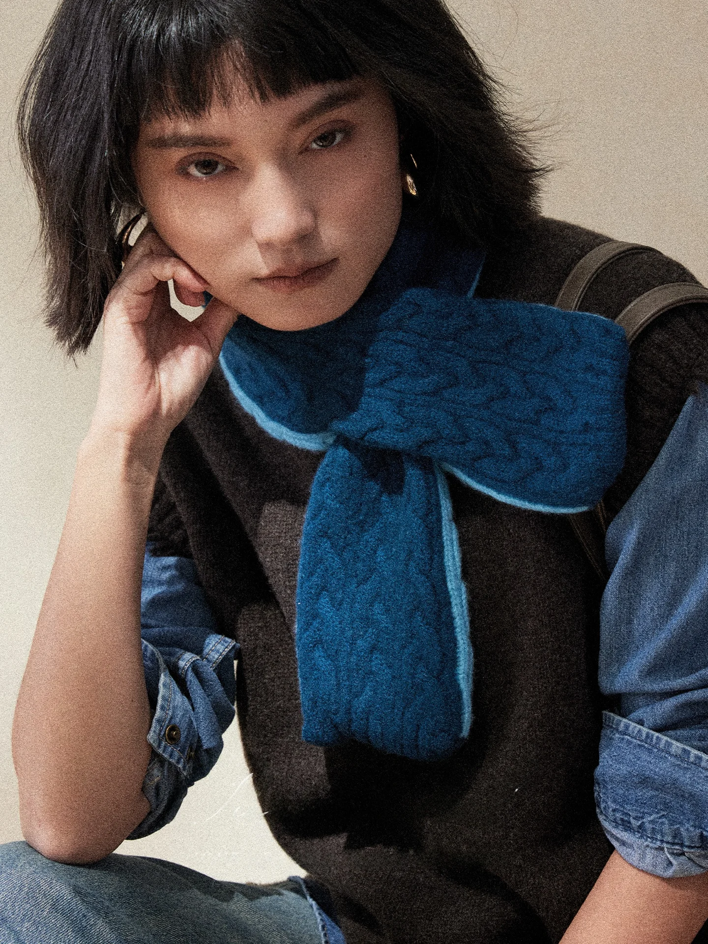 ngmei-リトルプレシス-00-ウール両面カラーブロック結び目スカーフ冬暖かいクロスネックウォーマー女性英国スタイル