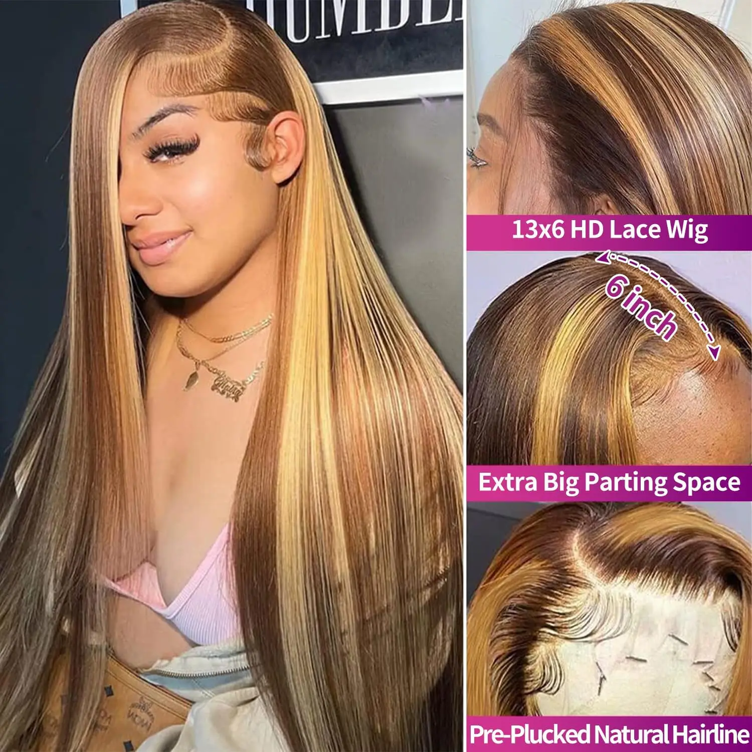 Highlight Ombre Bone Straight Wigs 13x6 Lace Frontal Wig Human Hair Blonde 40 Inch 360 Full Lace Front Human Hair Wigs image 3