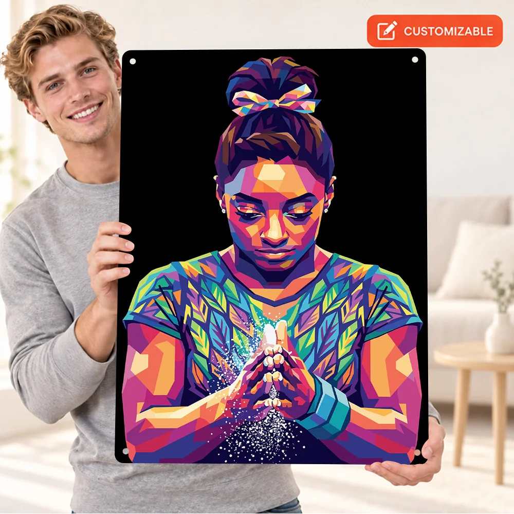 Simone Biles Gymnast Textured Metal Poster Customized Aluminum Sign Hands Clasped Polygon Graphic Wall Art For Training Room