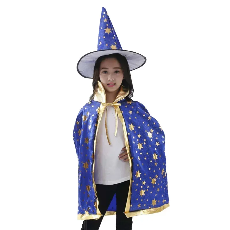 Kids Halloween Cloak Hat Witch Cosplay Stars Colorful Cloak And Witch Hat Set Party Prom Performs Dressing Up 80CM