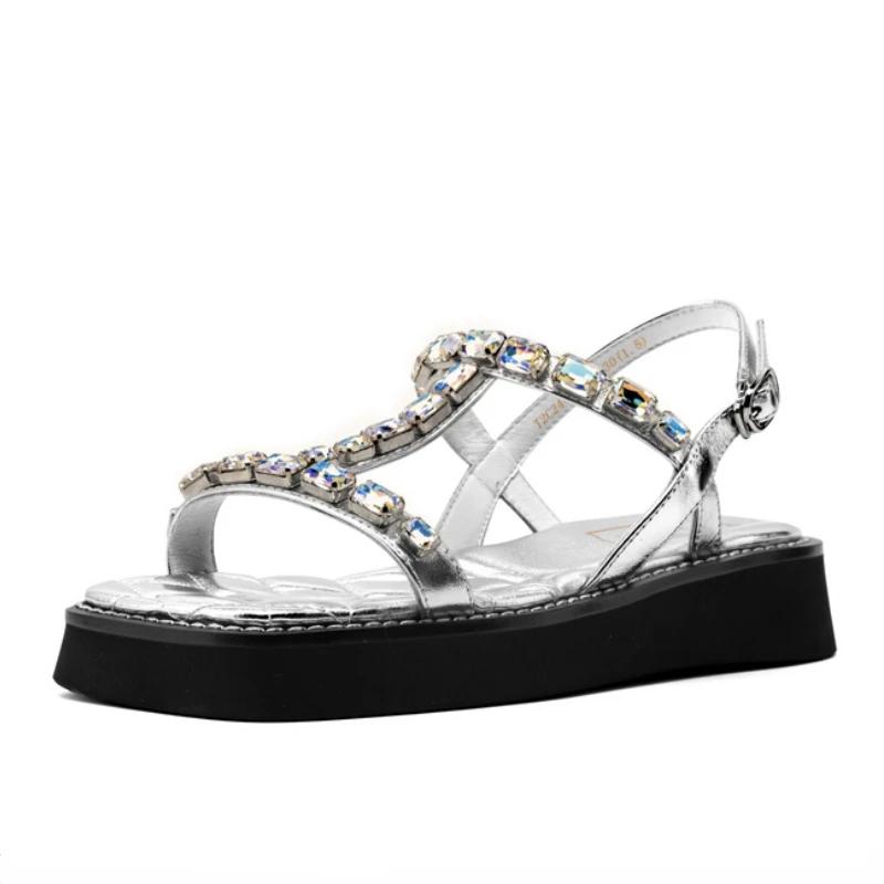 Roman Beach Sandals for Women Summer New One Line Open Toe Sandals for Outwear Fashion Inlaid Beaded Water Diamond Women's Shoes