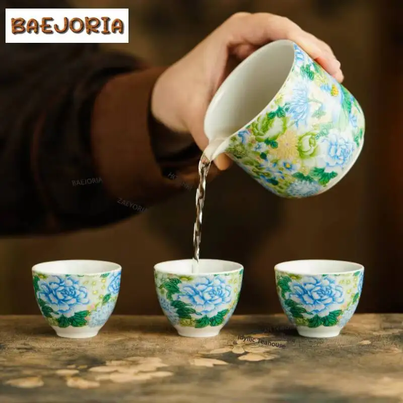 BAEJORIA Colour Enamels Green Peony Travel Tea Set Kit Retro 1 Pot 3 Cups Tea Brewing Organizer Portable Picnic Handbag Craft