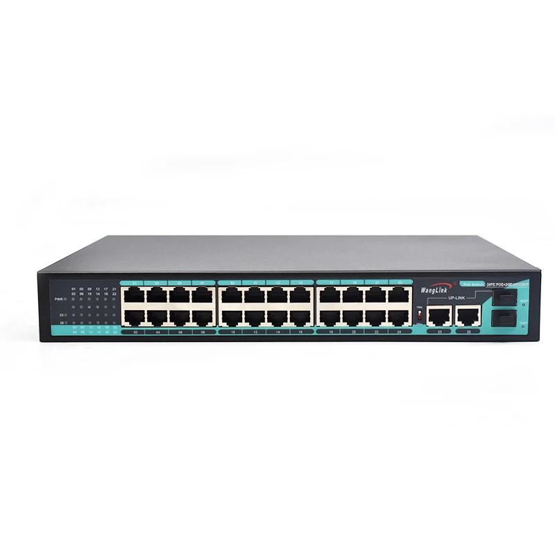 10/100Mbps 24-Port PoE Switch for CCTV 2 Gigabit RJ45 Uplink + 2 SFP Slots 250m Long Distance Desktop/Wall/Rack Mount