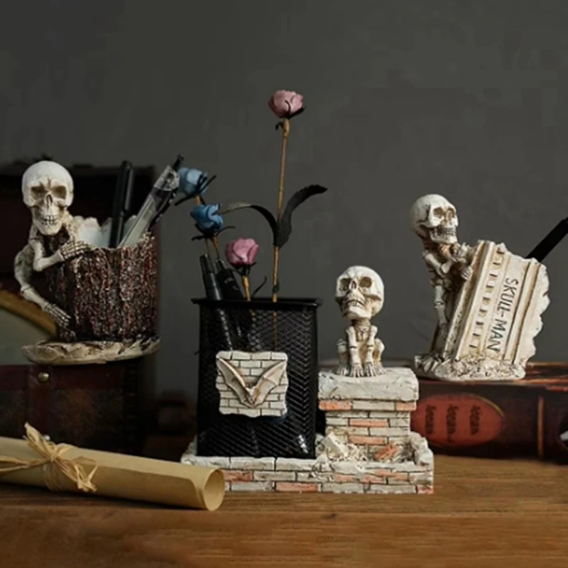 استمتع بفرشاة الماكياج الجديدة حامل الهالوين الهيكل العظمي الراتنج تمثال قلم رصاص الحاويات حامل سطح المكتب القرطاسية المنظمون للأقلام