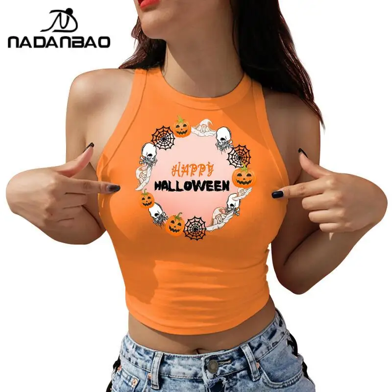 Nadanbao Orange Pumpkin Skull Print Crop Top Women's Y2K Sleeveless Shirt Sexy Slim Short Vest Happy Halloween Party Casual Top