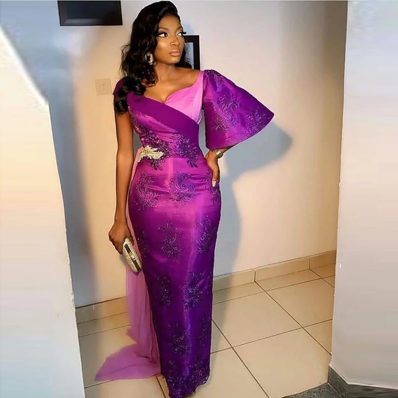 

Aso ebi Purple Evening Dress Satin Lace Applique Party Dress One Shoulder Mermaid Prom Gift Plus Size Customization