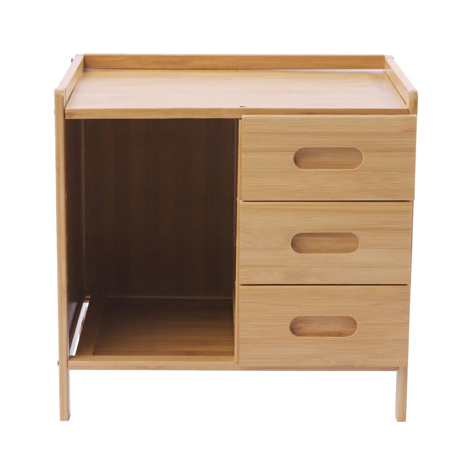 Nightstand Bamboo Bedside End Table 3-Tier Side Organizer Drawers Storage Box W/3 Pull Out Drawer+1 Open Shelf