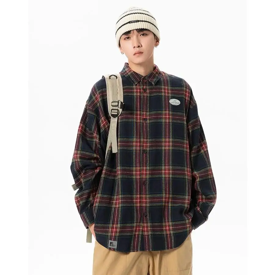 

Желтая клетчатая мужская рубашка с длинными рукавами, повседневная, весенне-осенняя, высококачественная, стильная, винтажная, в гонконгском стиле, для отдыха