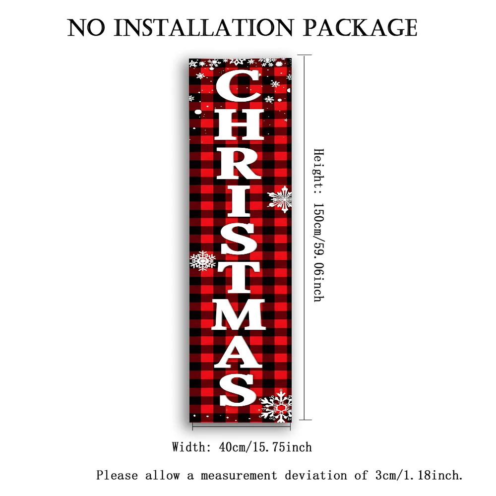 Merry Christmas Door Banner Red Black Buffalo Plaid Snowflake Porch Sign Xmas Wall Hanging Decor for Front Door