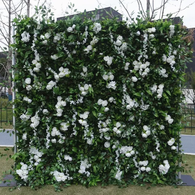 8x8ft White Green Faux Floral Wall Backdrop Wedding Party Photo Background Artificial Flower Decor for Ceremony Event Stage