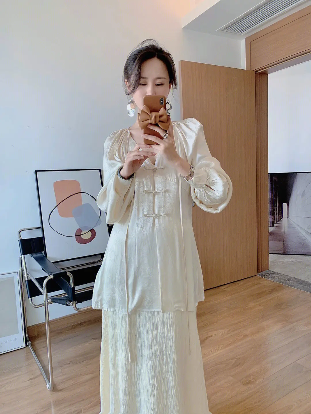 Chinese antique Hanfu V-neck button up shirt+temperament high waisted A-line skirt two-piece set