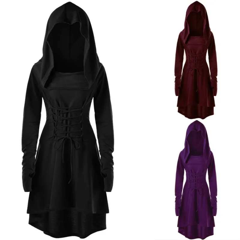 Women Gothic Dress Medieval Cosplay Archer Costumes Hooded Robe Lace Up Pullover Long Sleeve Hoodie Dress Cloak Halloween Party