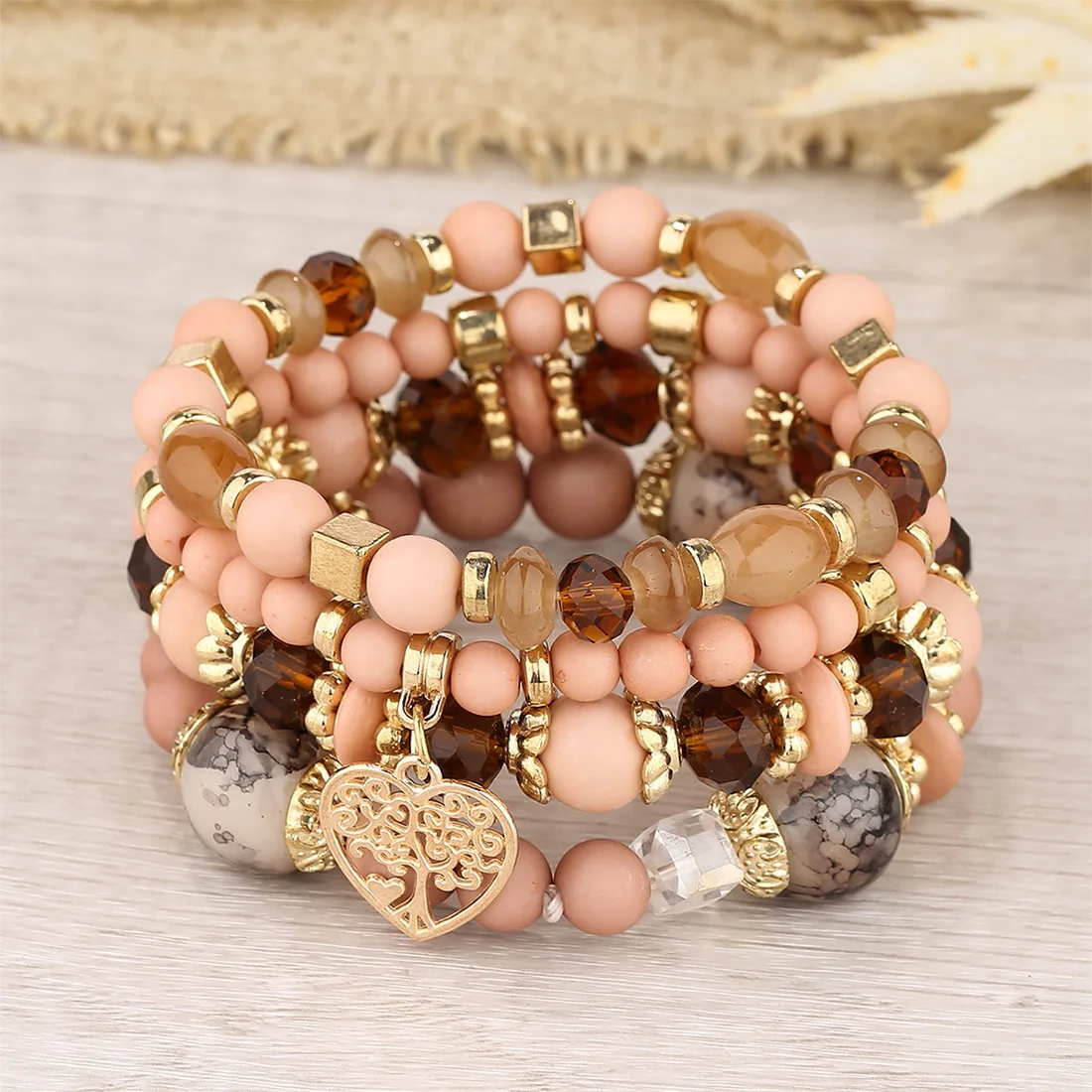 4-teiliges Armband-Set mit Herz- und Lebensbaum-Motiv für Damen, Acryl-Glasperlen, elastische Armkette, modischer Party-Schmuck für Frauen – Detail 14